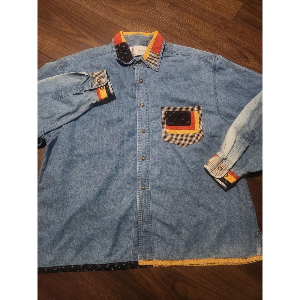Lighthouse Apparel Shirt Mens M‎ Blue Denim Long Sleeve Patchwork Button Up